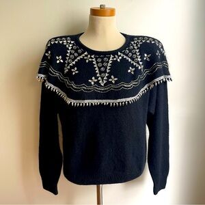 Vintage 80s Forenza Beaded Sweater Angora Silk Black Silver Rhinestone Large